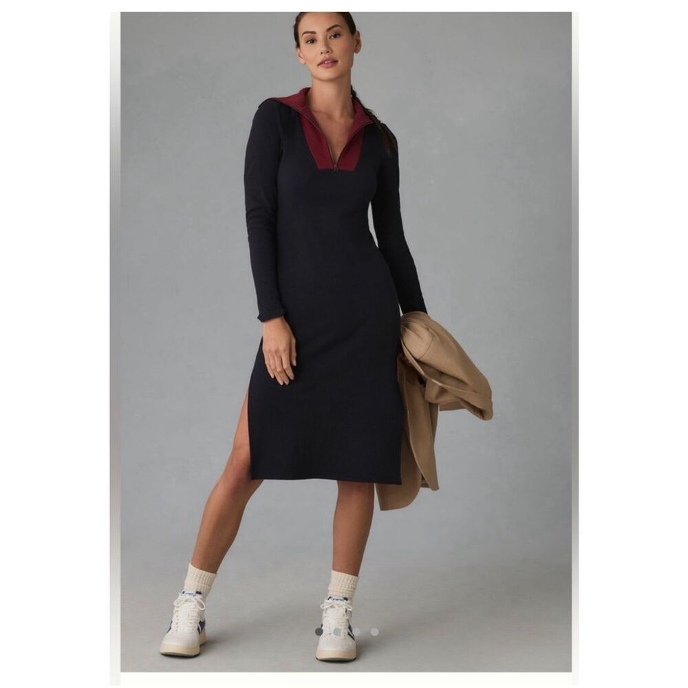 NWT Anthropologie Daily Practice Ribbed Knit 1/4 Zip Mock Neck Midi Dress Size S